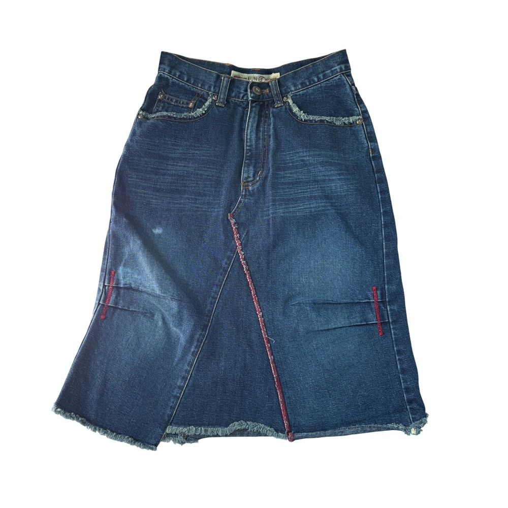 Y2K‎ Fun Denim Women Medium Wash Midi Skirt Red Contrast Stitch Size S 25W